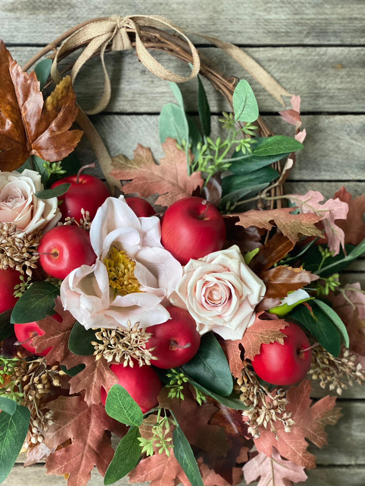 Fall Apple Harvest Wreath wit Roses and Eucalyptus | The Hudson Valley ...