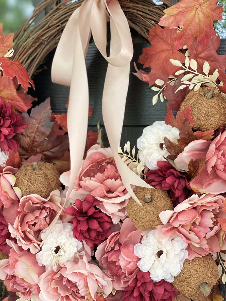 Fall Pink Peonies, Mums, and Zinnias Wreath