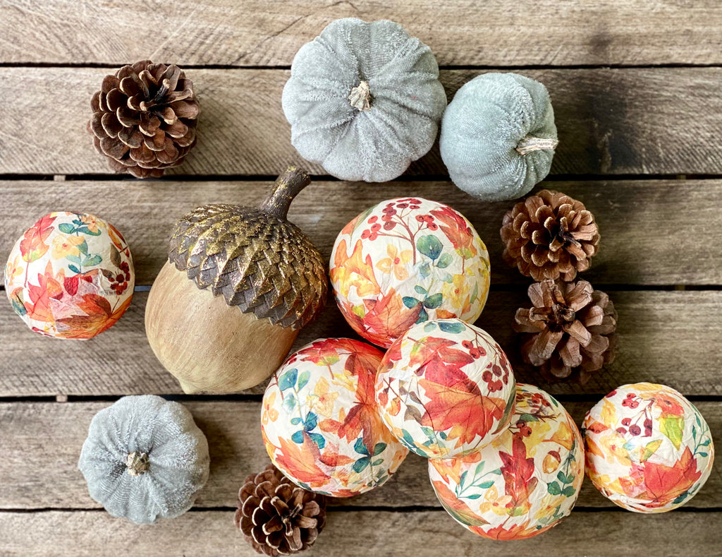 Fall Leaves Bowl Filler with Grey/Blue Pumpkins and Pinecones