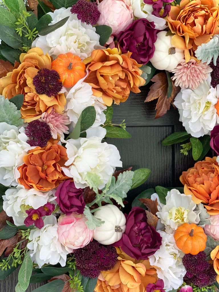 Fresh and Bright Fall Wreath with Peonies and Pumpkins
