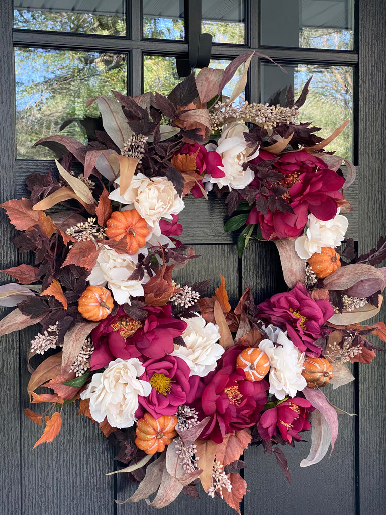 Maroon Peonies and Roses with Eucalyptus and Pumpkins
