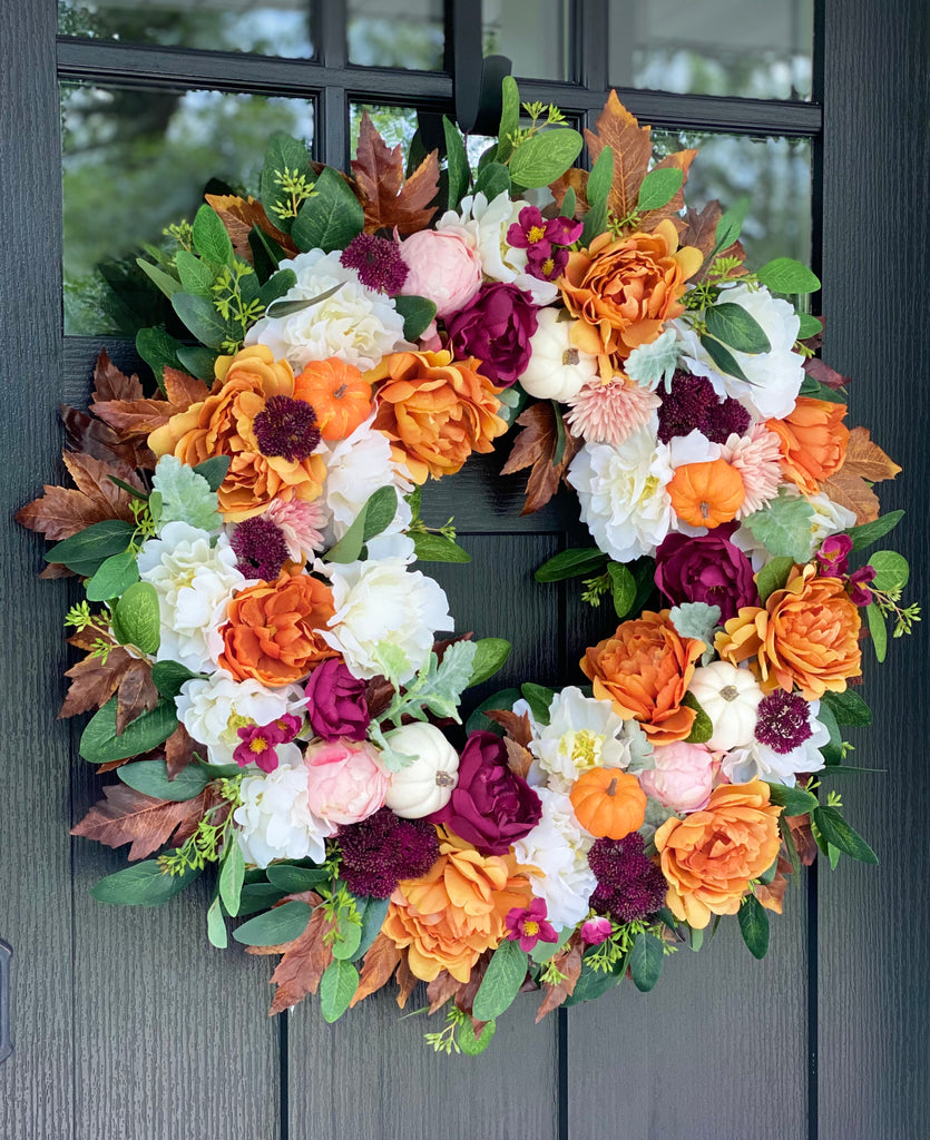 Fresh and Bright Fall Wreath with Peonies and Pumpkins