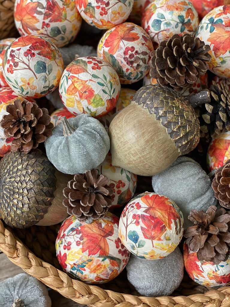 Fall Leaves Bowl Filler with Grey/Blue Pumpkins and Pinecones