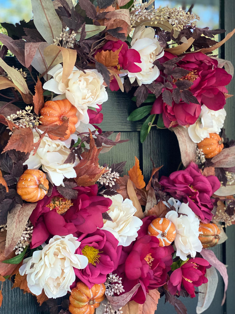 Maroon Peonies and Roses with Eucalyptus and Pumpkins