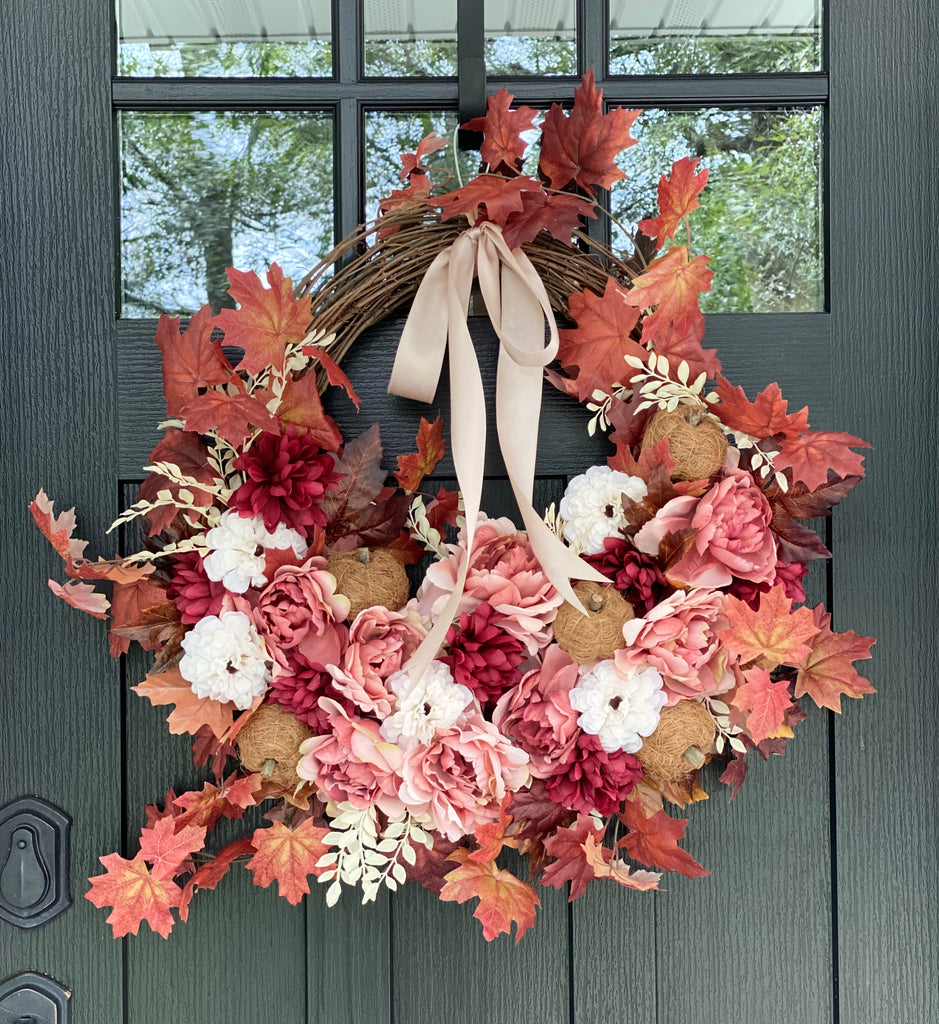 Fall Pink Peonies, Mums, and Zinnias Wreath