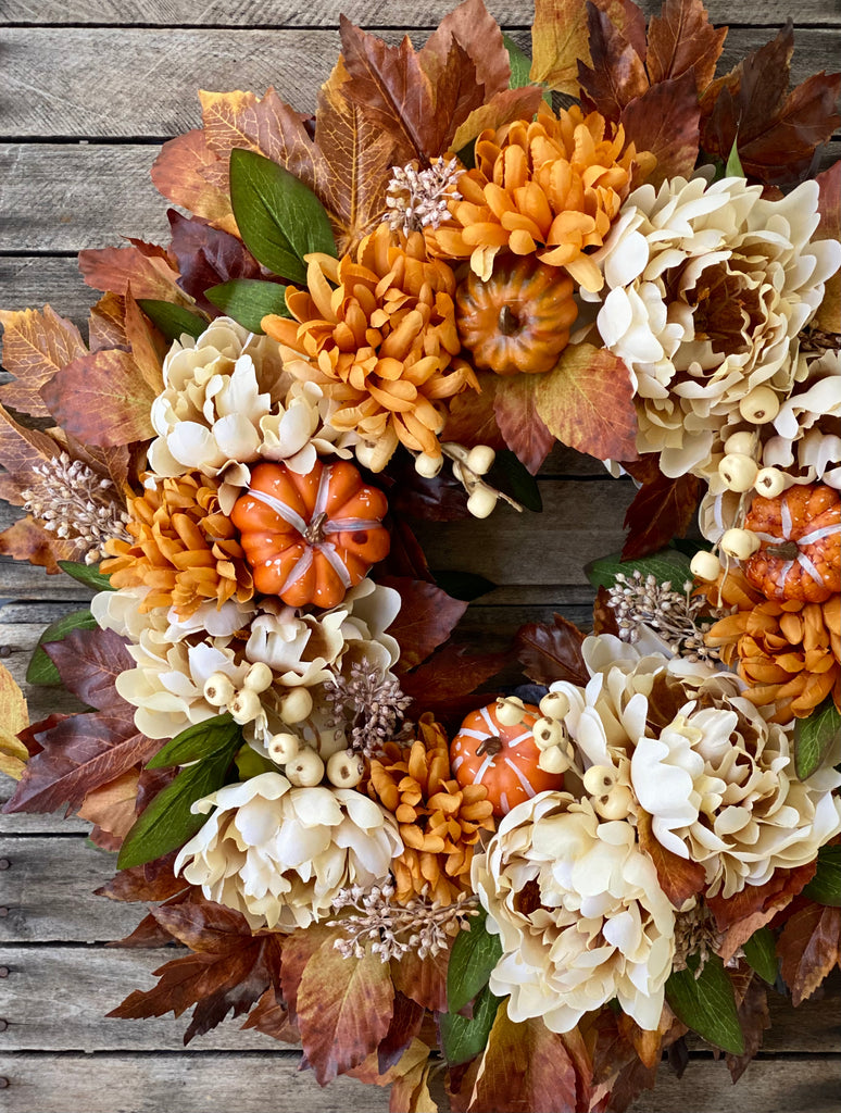 Fall Peonies and Mums with Berries and Pumpkins