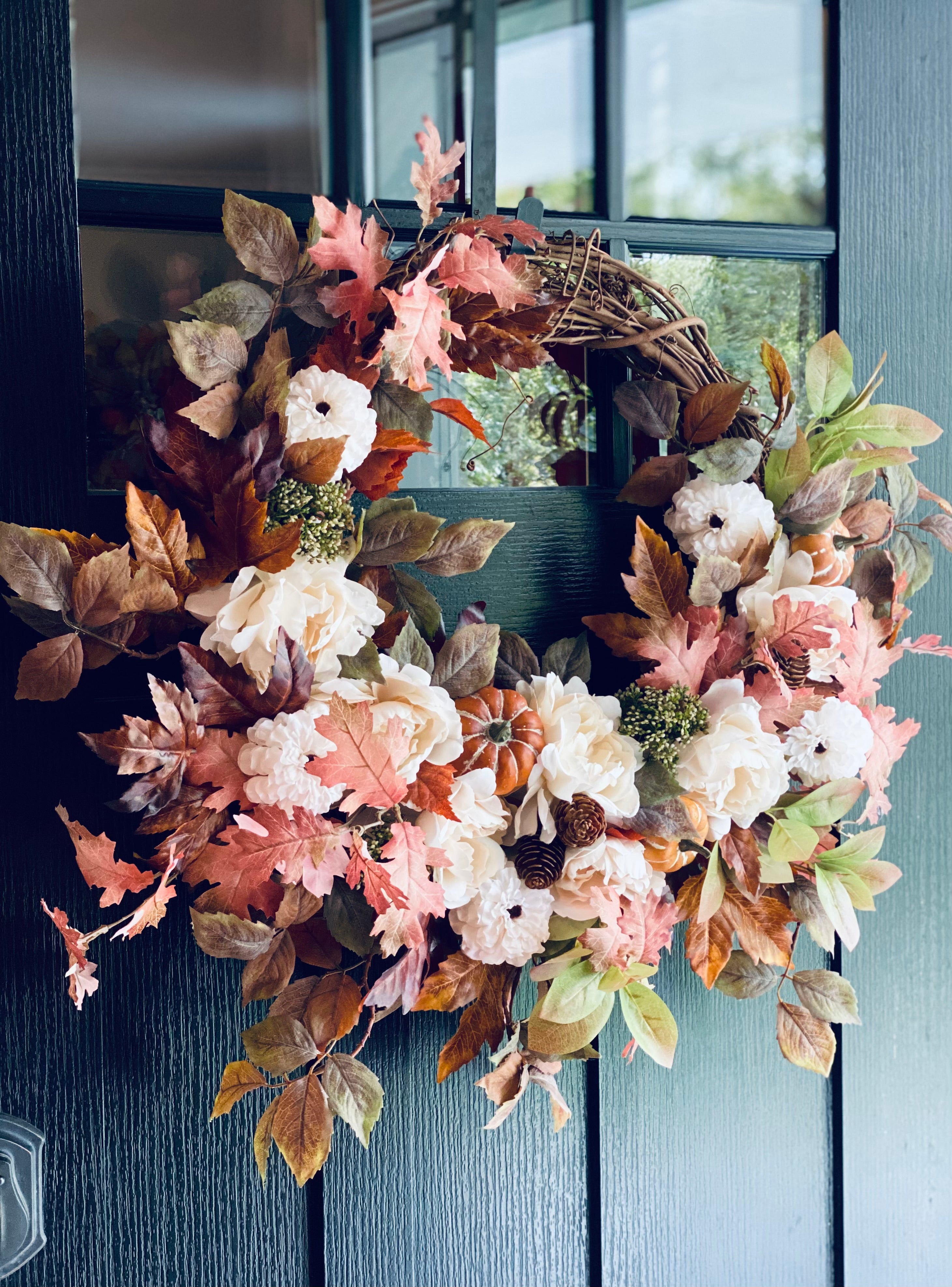 autumn wreathドライフラワーリース Deep Orange Autumn Wreath for Your Front Door, With Berries,acorns