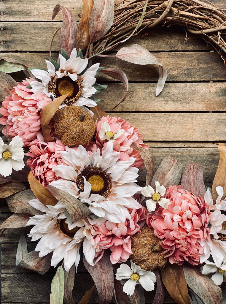 Farmhouse Fall Wreath with Pink Mums, White Sunflowers, Cosmos, and Rustic Pumpkins