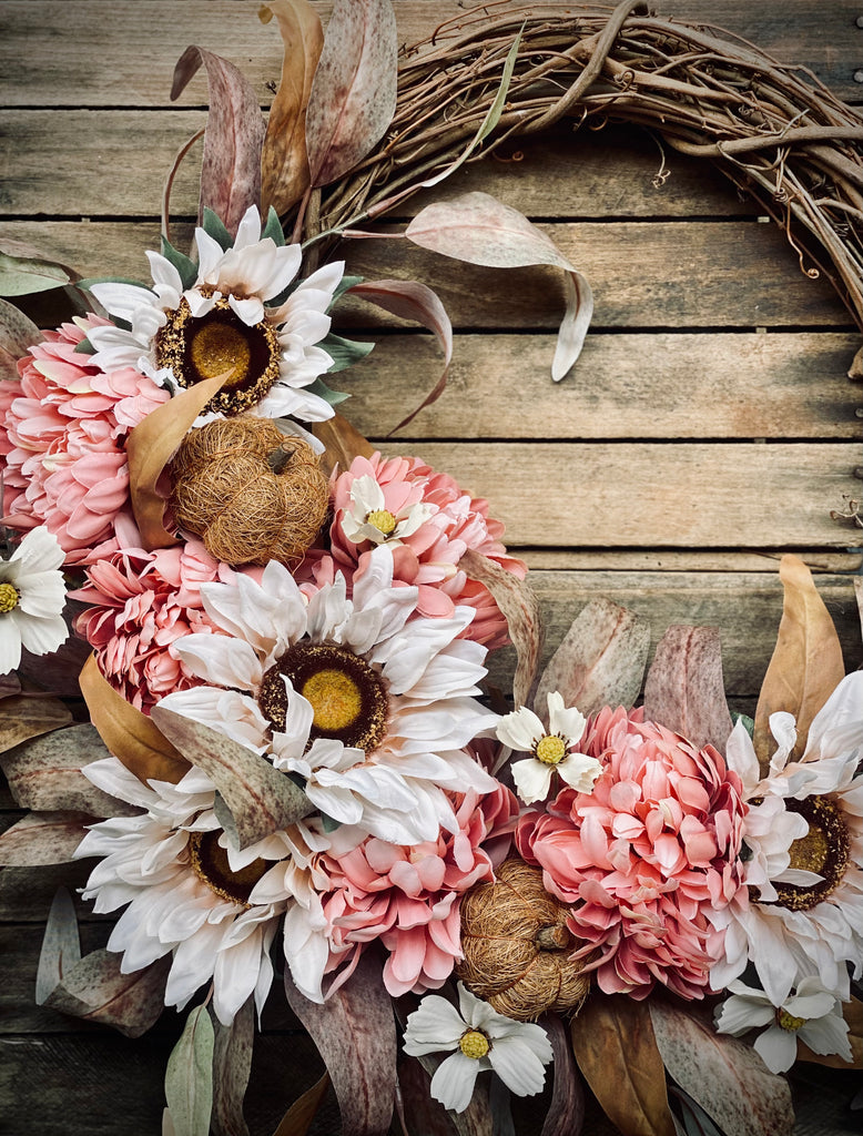 Farmhouse Fall Wreath with Pink Mums, White Sunflowers, Cosmos, and Rustic Pumpkins