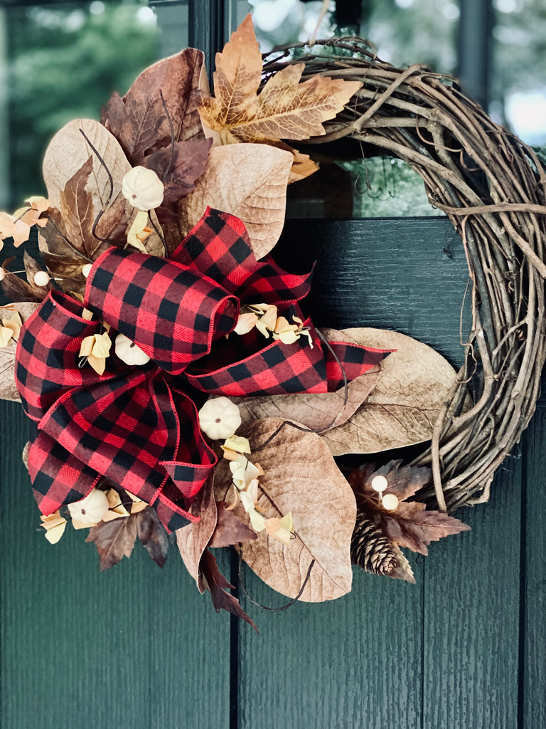 Fall Wreath with Brown Leaves, Mini Pumpkins, and Red Buffalo Plaid