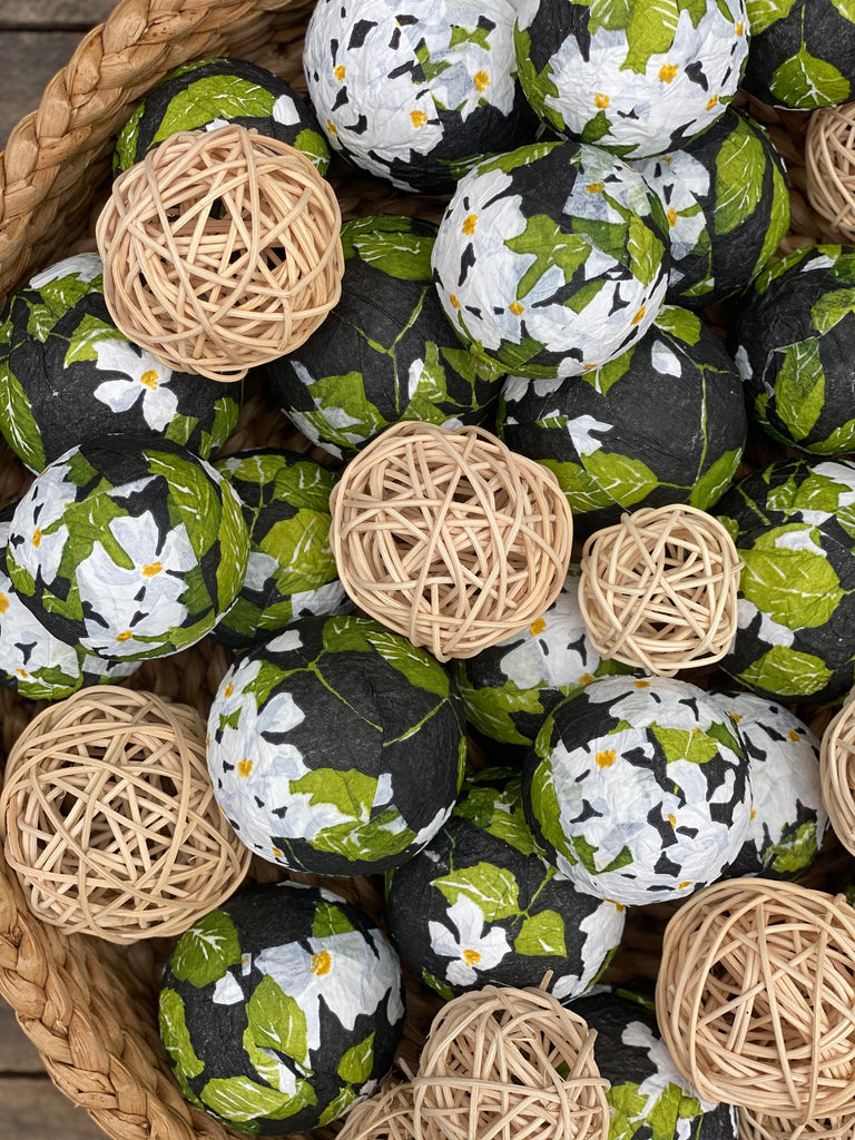 White Flowers and Black Background with Rattan Balls