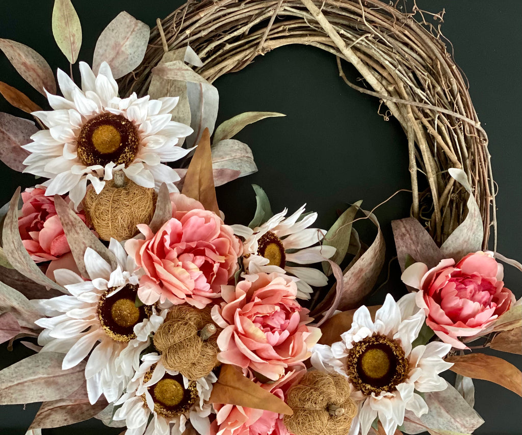Fall Farmhouse Wreath with White Sunflowers and Pink Peonies