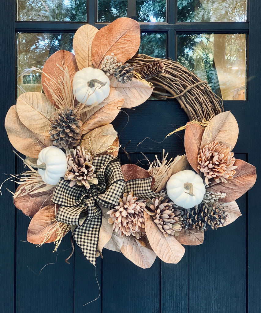 Farmhouse Fall Wreath with Magnolia Leaves, Mums, and White Pumpkins
