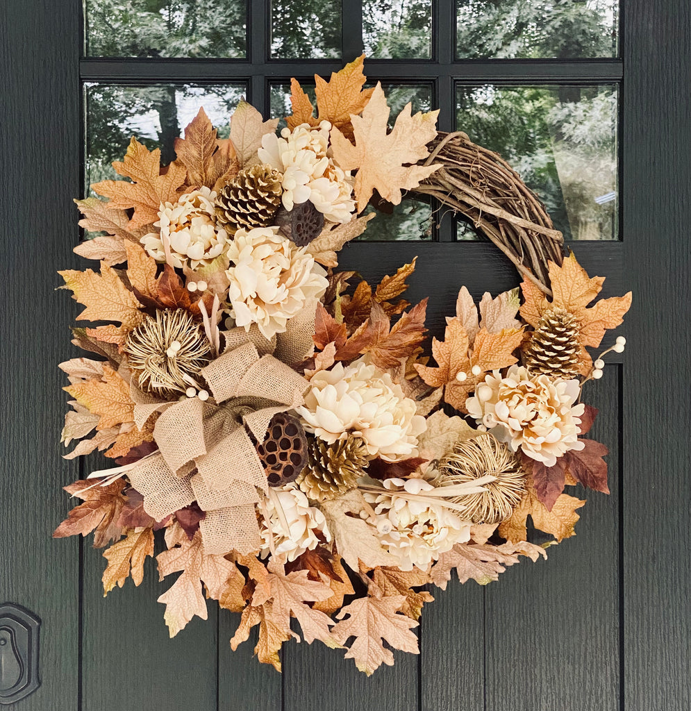 Fall Farmhouse Wreath with Maple Leaves and Gold Details
