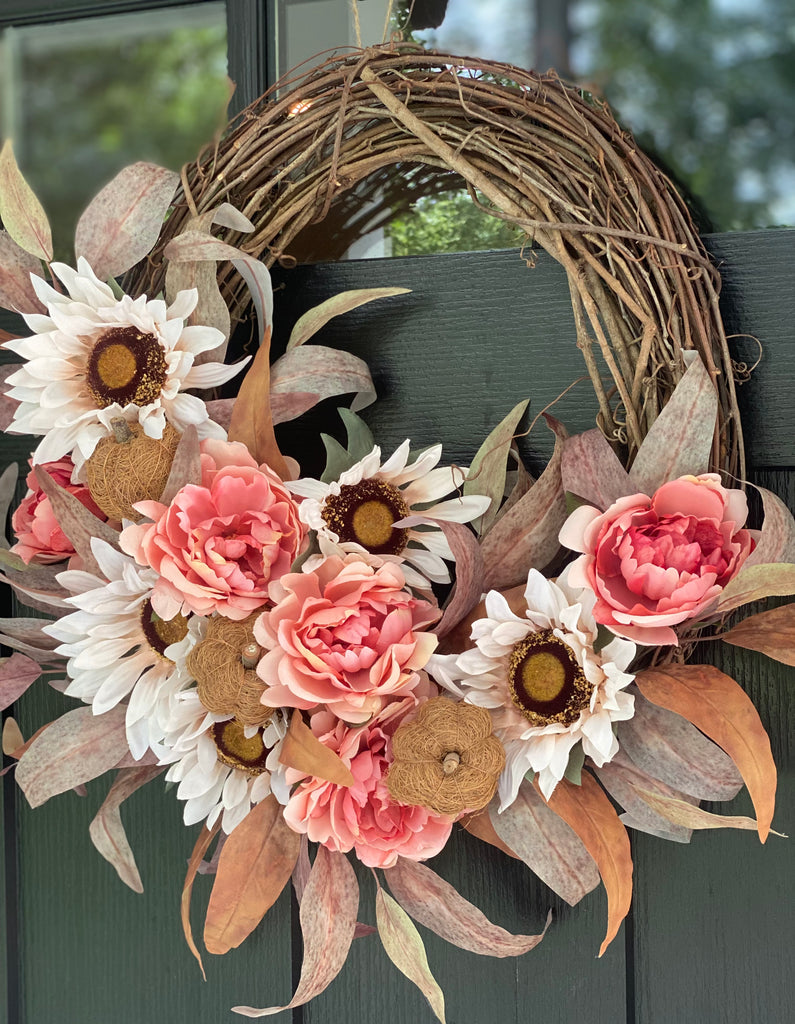 Fall Farmhouse Wreath with White Sunflowers and Pink Peonies