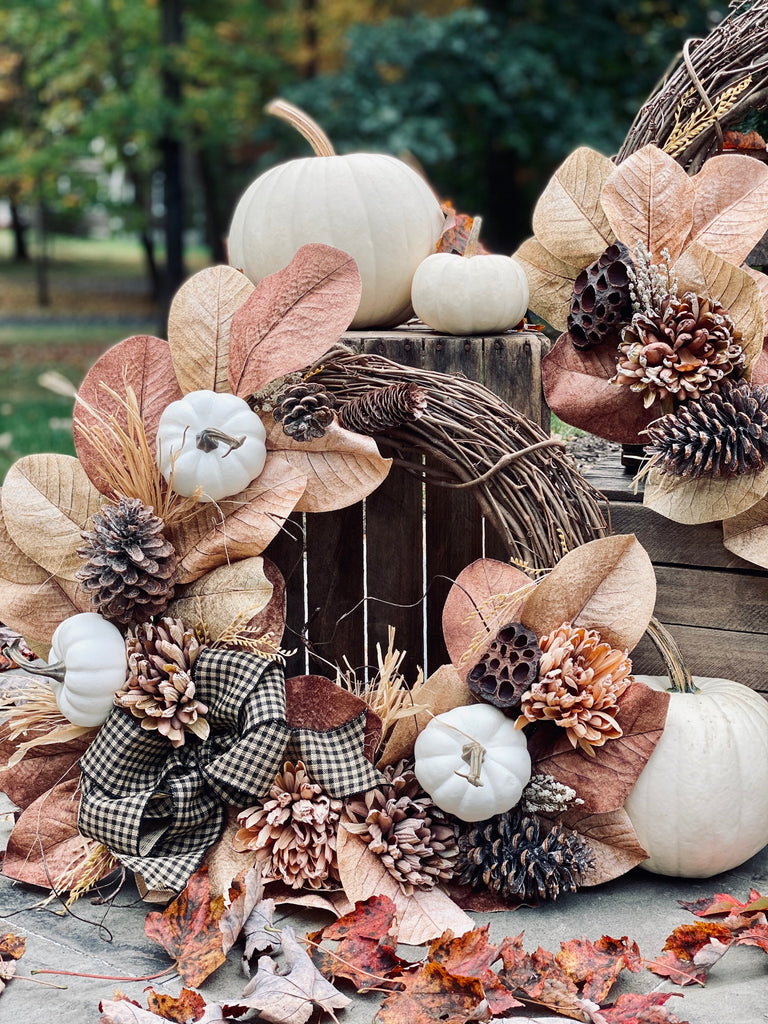Farmhouse Fall Wreath with Magnolia Leaves, Mums, and White Pumpkins