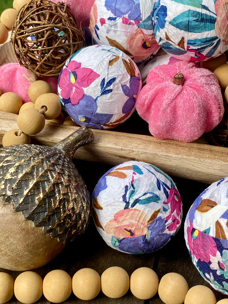 Fall Floral Print Bowl and Vase Filler with Pink Pumpkins