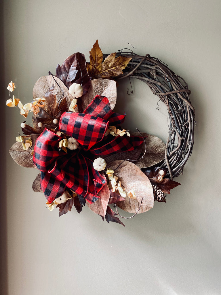 Fall Wreath with Brown Leaves, Mini Pumpkins, and Red Buffalo Plaid