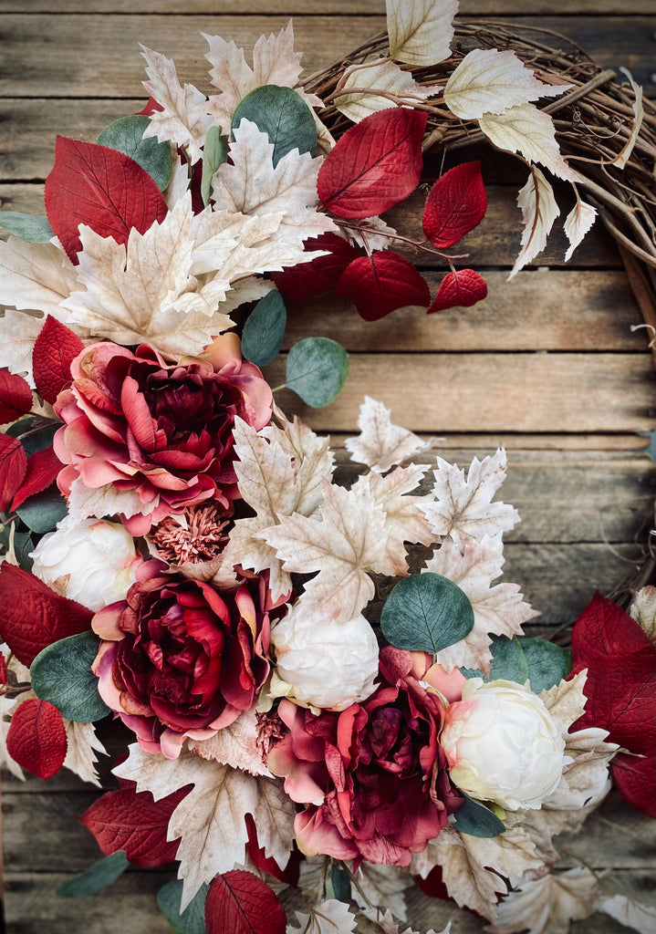 Farmhouse Wreath with Peonies, Red Leaves, and White Maple Leaves