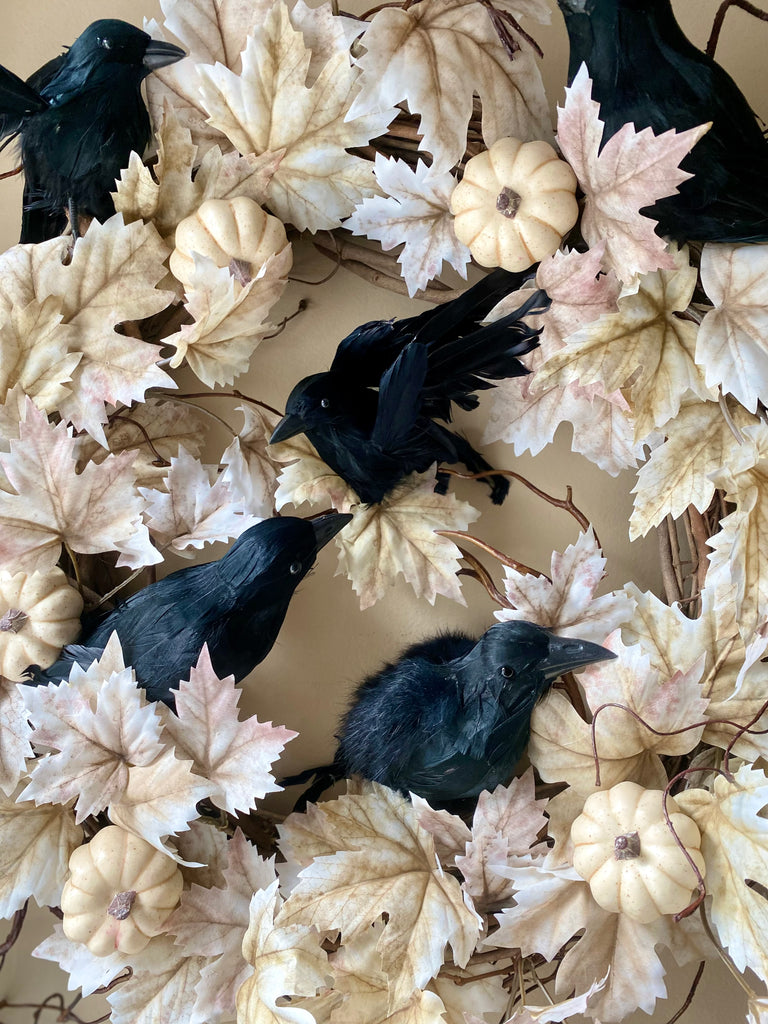 Black Crow Halloween Wreath with Ivory Maple Leaves