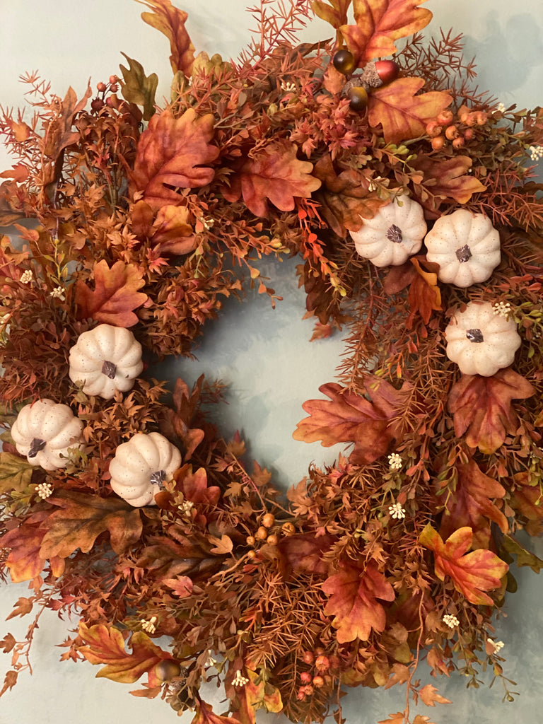 Fall Leaves Wreath with White Pumpkins
