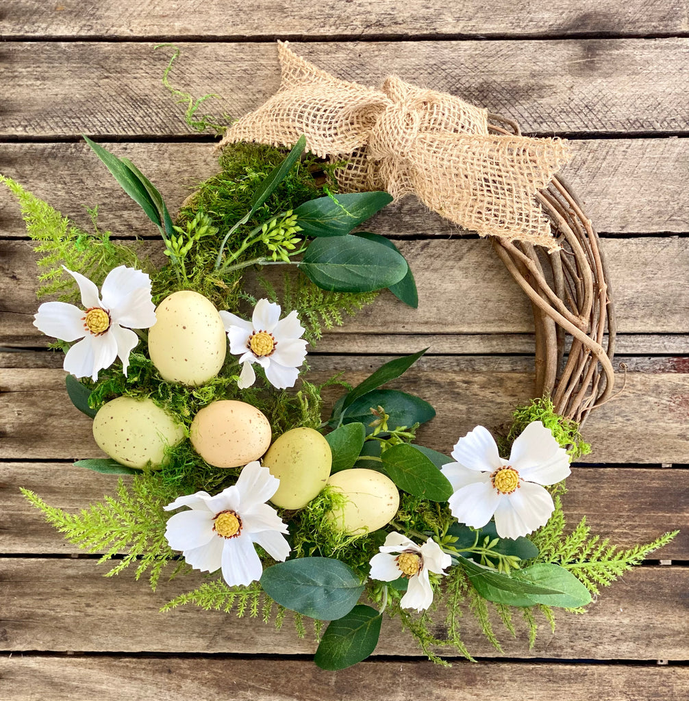 Neutral Easter Egg Wreath with Moss, Ferns, Eucalyptus, and Cosmos