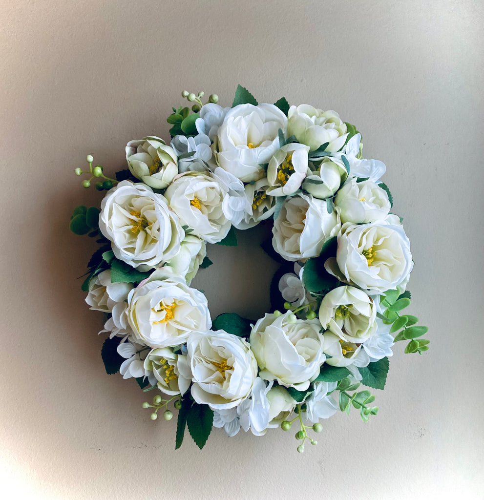 3) White Peony 12” Wreath with Heart Trinket Dish
