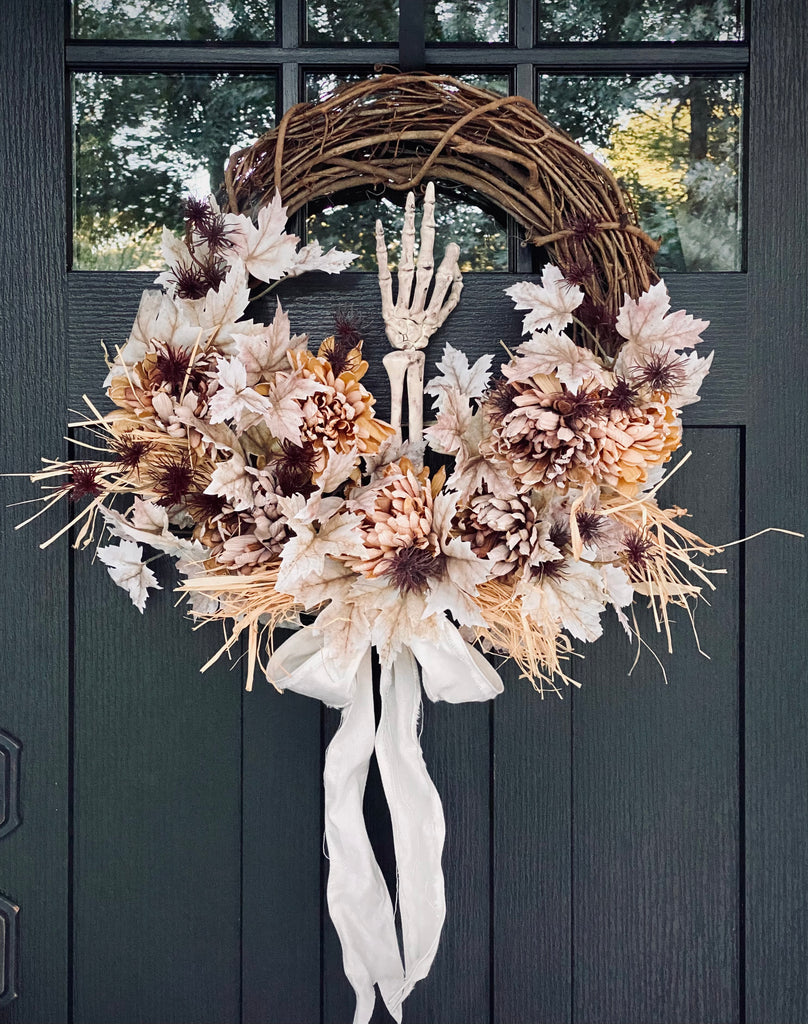 Halloween Wreath with Skeleton Hand and Fall Florals