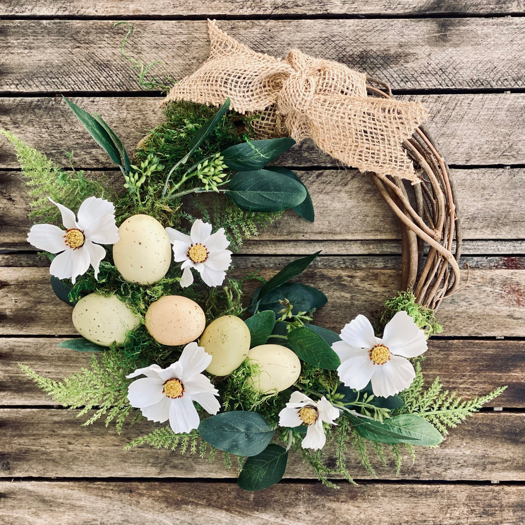 Neutral Easter Egg Wreath with Moss, Ferns, Eucalyptus, and Cosmos