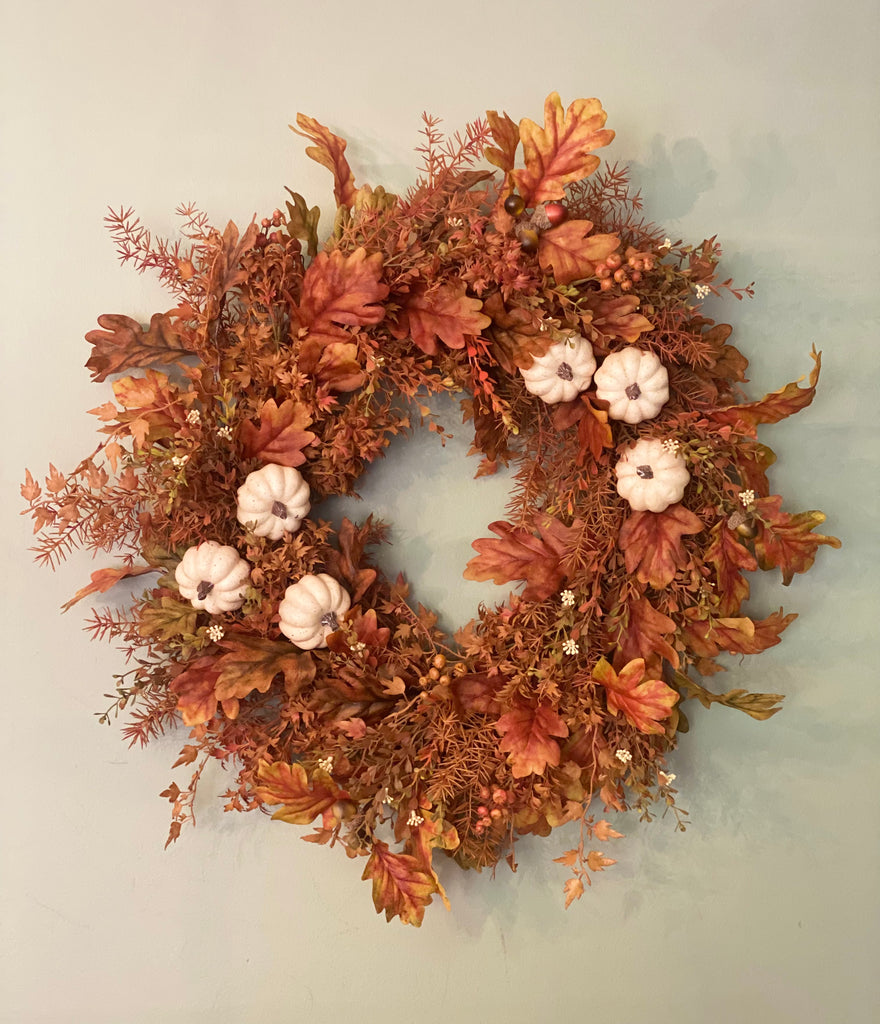 Fall Leaves Wreath with White Pumpkins