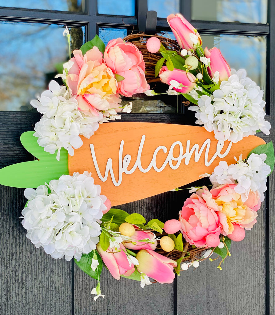 Easter Wreath with Carrot Sign and Flowers