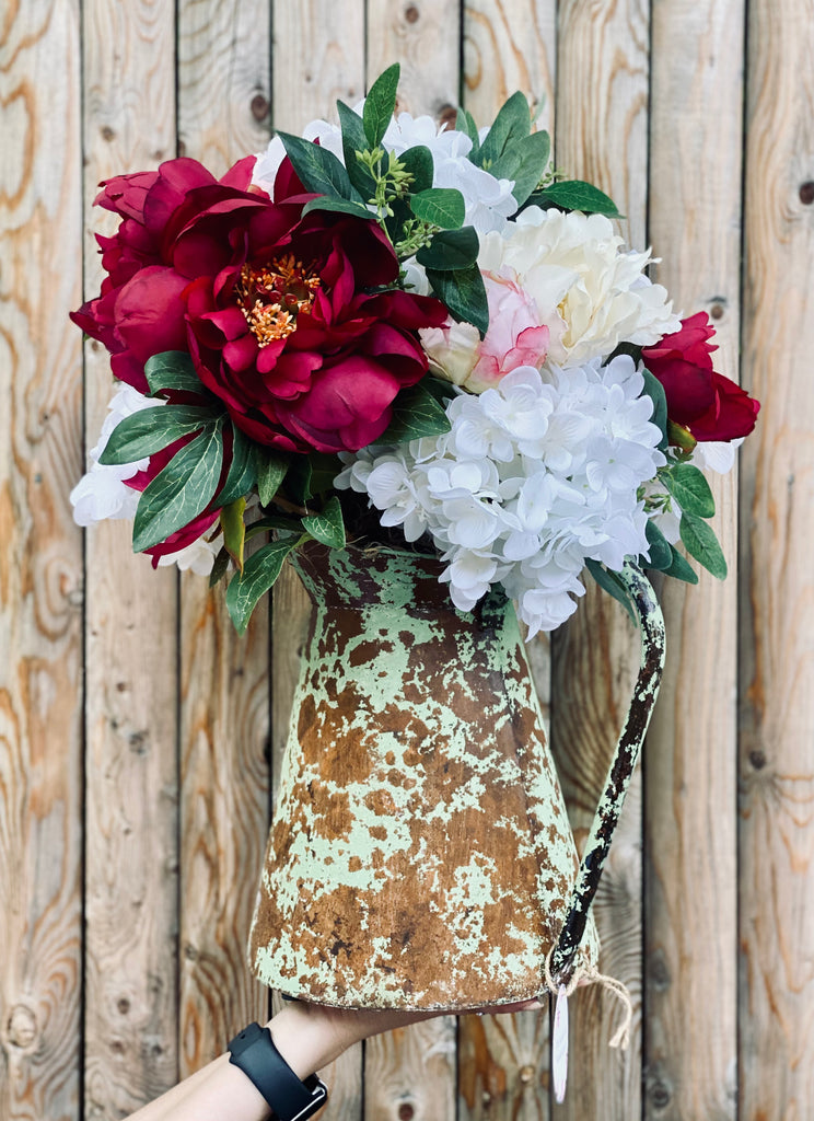 XL Distressed Metal Pitcher with Peonies and Hydrangeas