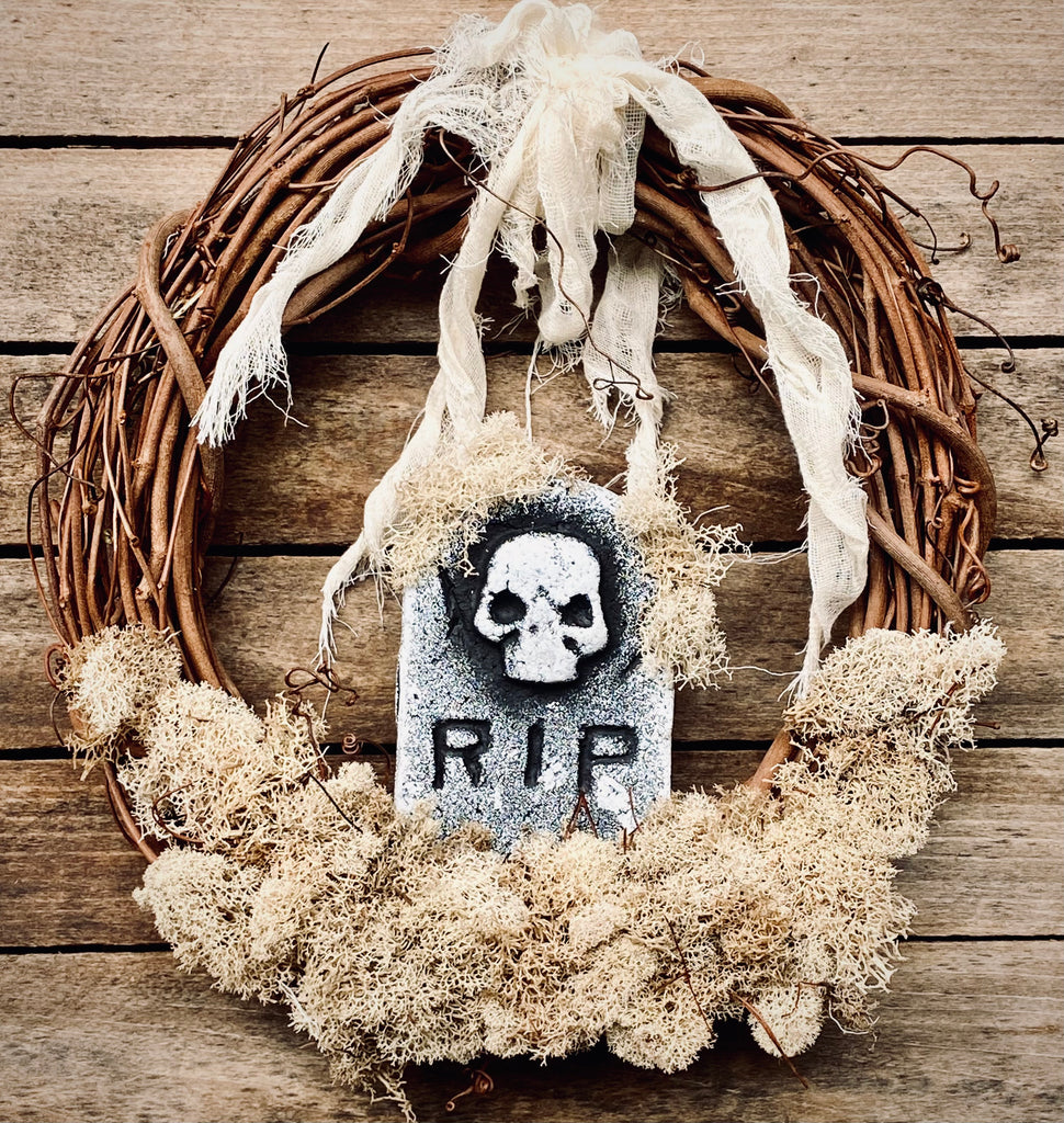 Small Halloween Wreath with Gravestone and Moss