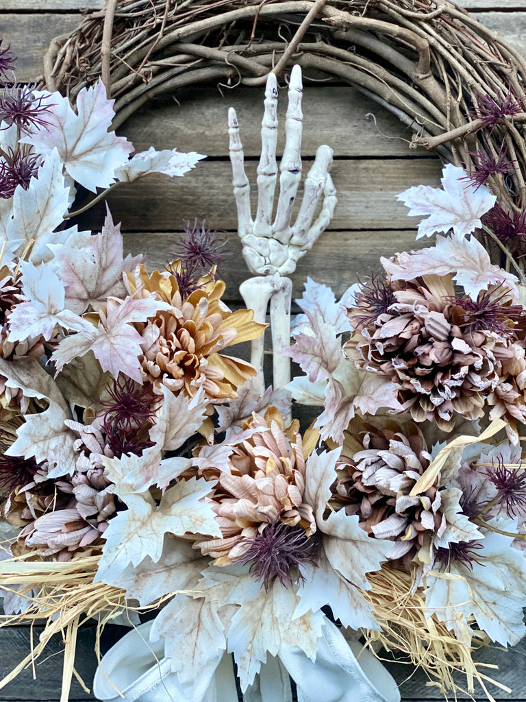 Halloween Wreath with Skeleton Hand and Fall Florals