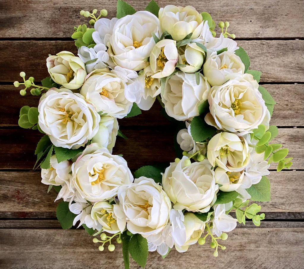 3) White Peony 12” Wreath with Heart Trinket Dish