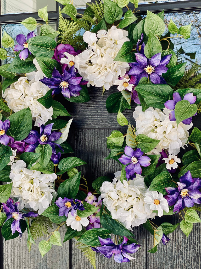 Purple Clematis and White Hydrangea Wreath