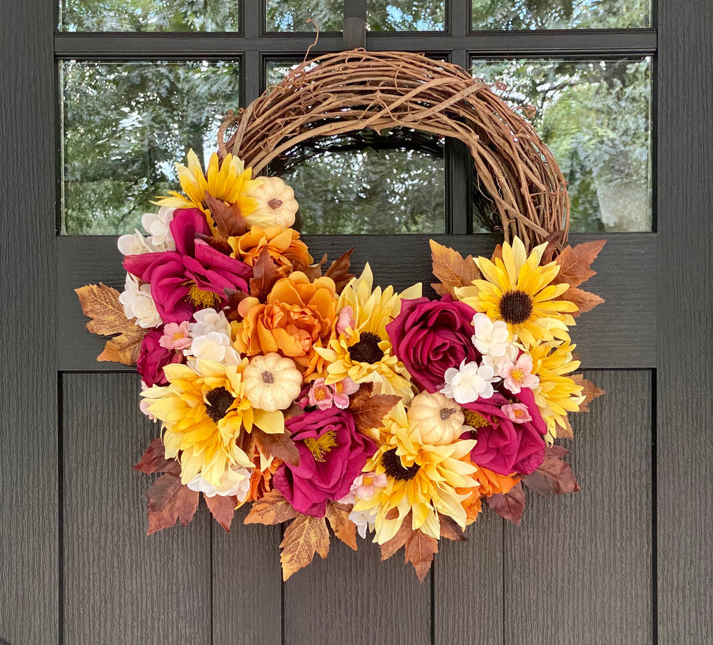 Sunflowers, Roses, and Maple Leaves Fall Wreath