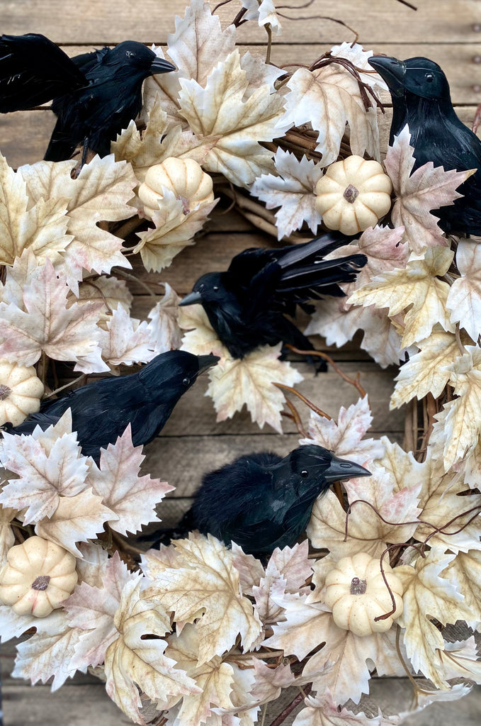 Black Crow Halloween Wreath with Ivory Maple Leaves
