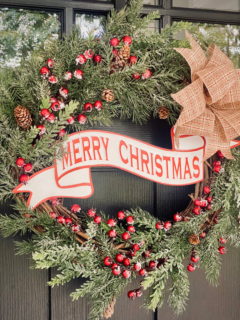 Merry Christmas Sign Wreath with Frosted Pine